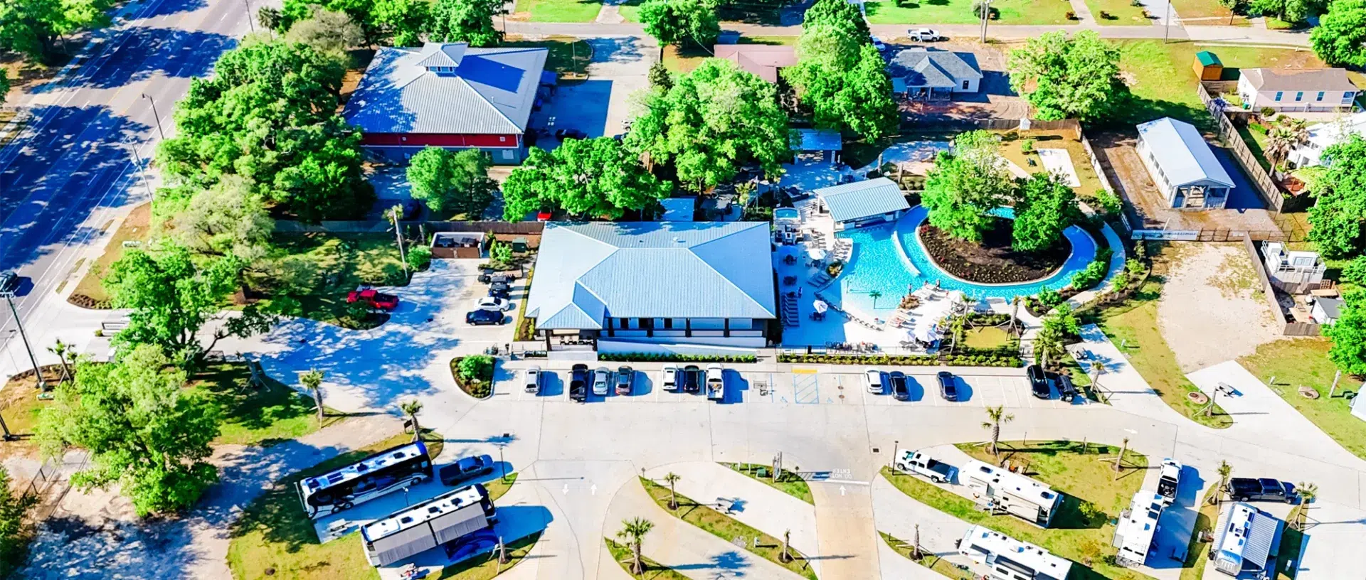 Aerial view of amenities and RV spots at Gulfport Luxury RV Resort.