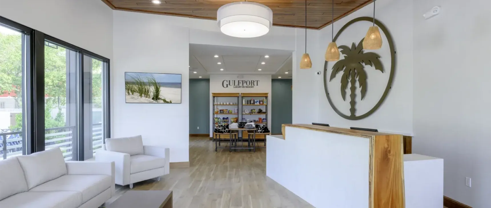 View of lobby and merchandise store with commissary.