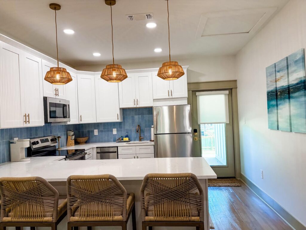 Spacious kitchen in cottage rental at gulfport luxury rv resort.