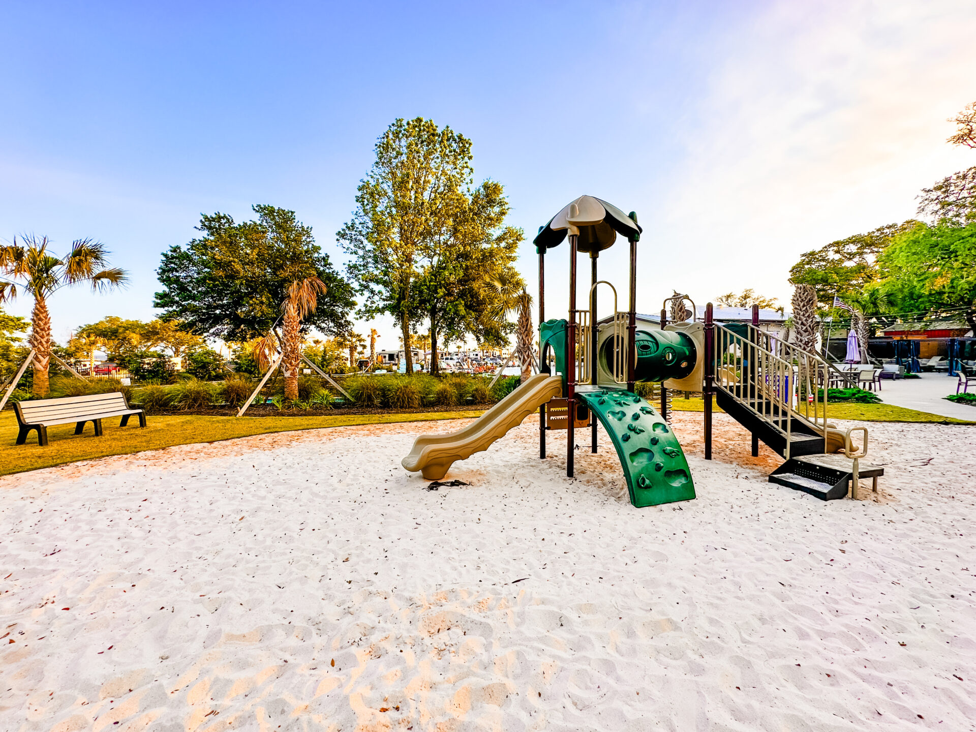 Playground Playground on sand at Gulfport Luxury RV Resort in Mississippi.