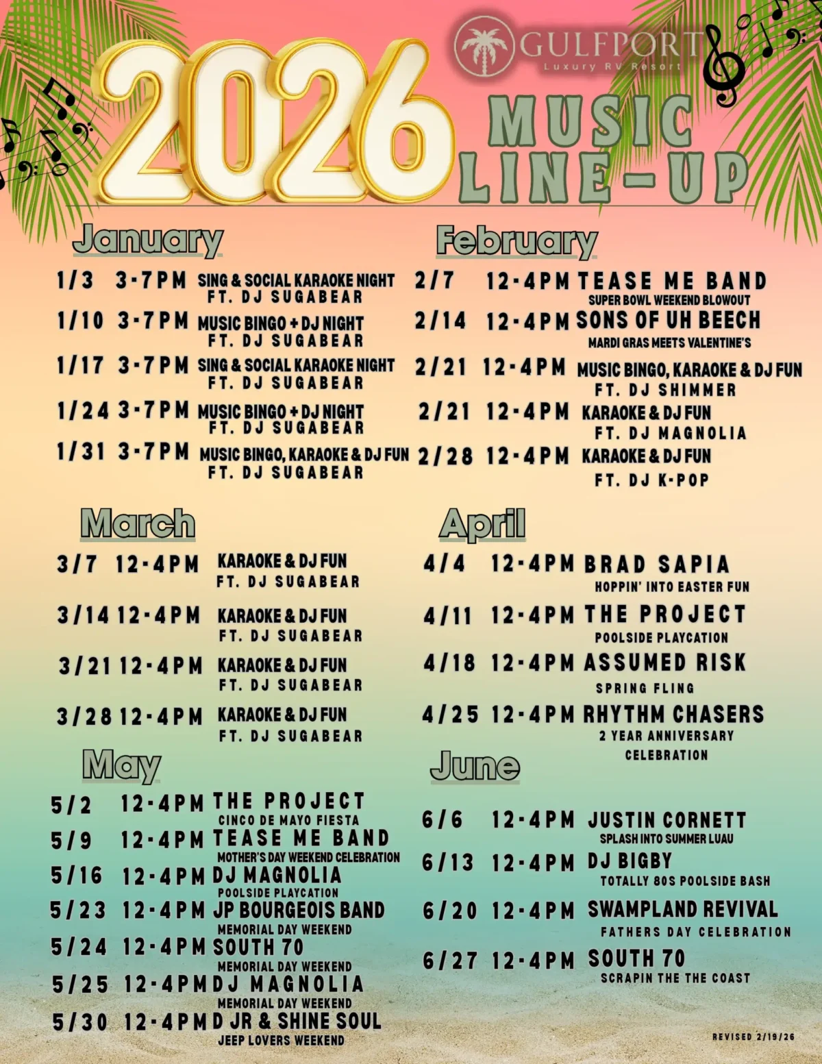MusicLineUP 20260219 Rev-1 2026 music lineup monthly list.