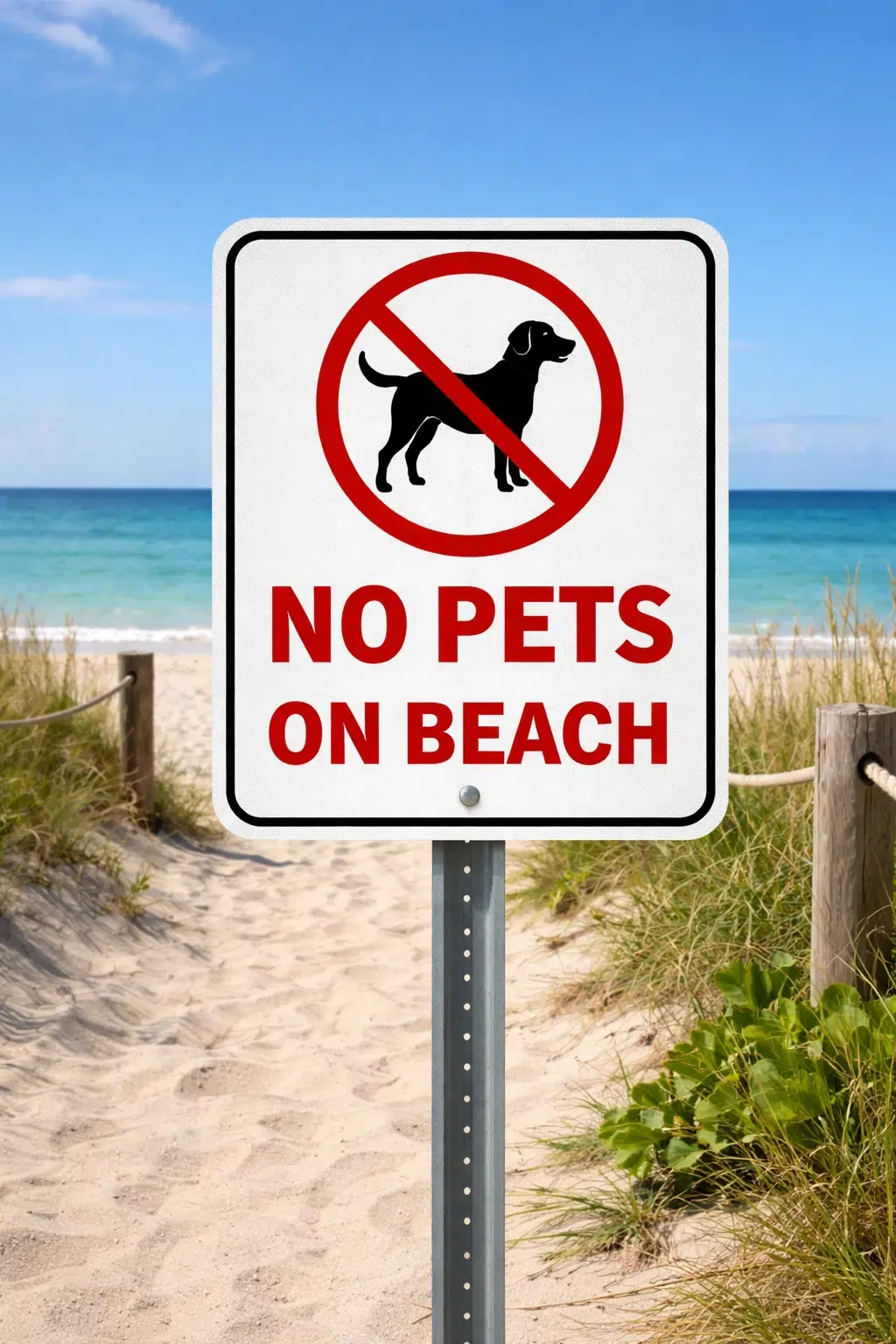 No Pets updated “No pets on beach” sign posted in sandy dunes with beach grass, blue sky overhead, and bright blue ocean water in the background.